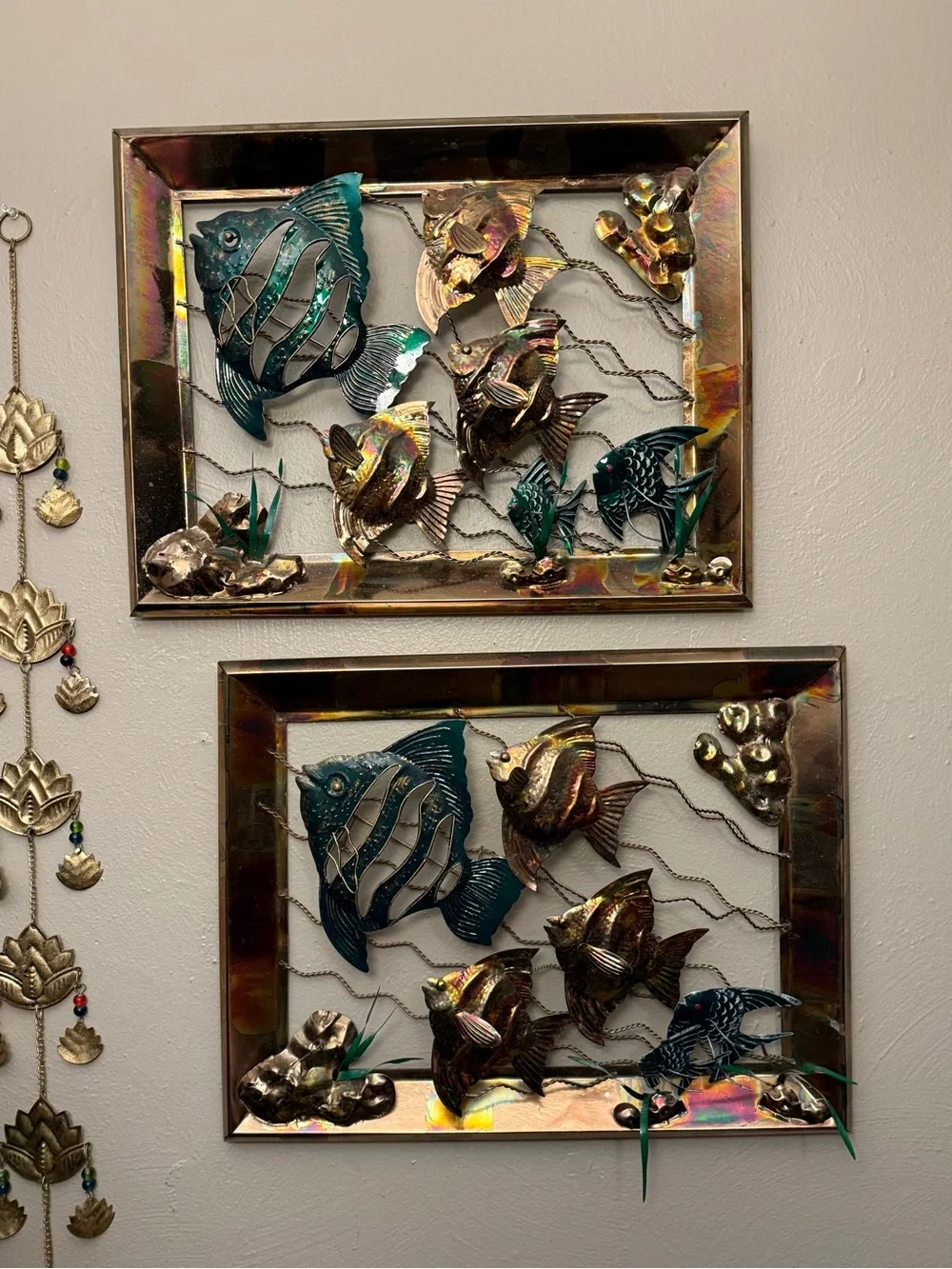 Vintage MCM Brutalist Copper & Brass Seascape Sculpture 3D Wall Art Set Of 2